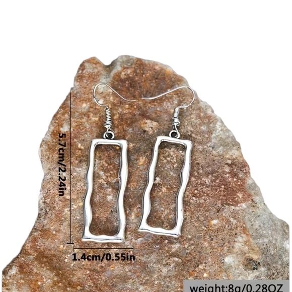 Boho Hollow Cut Rectangular Hammered Silver Drop Earrings - Picture 7 of 7